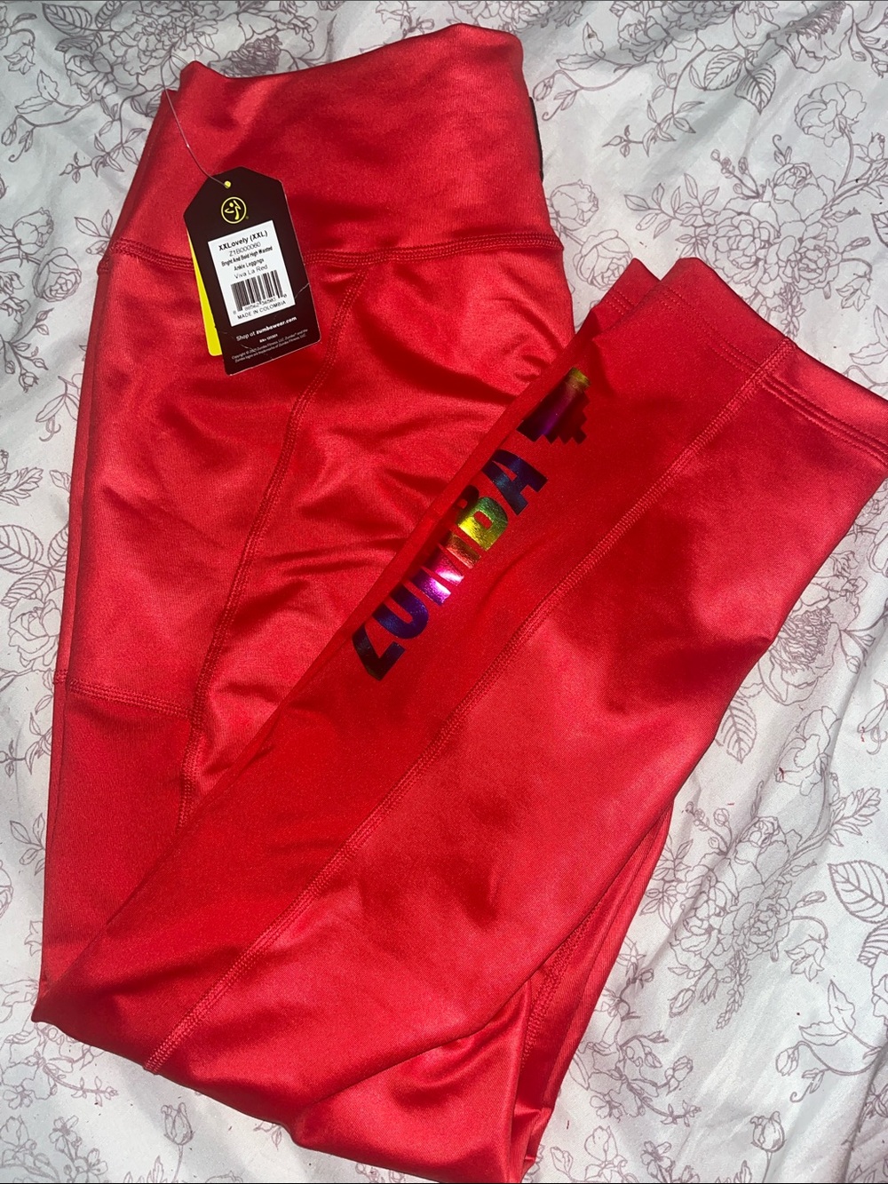 Zumba Fitness Red Leggings with Multicolor Logo Accent